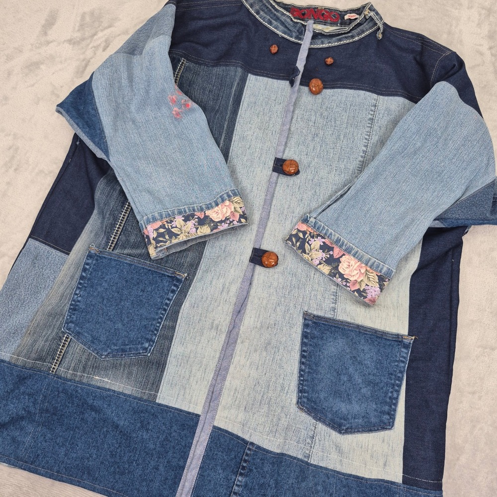 Patchwork Handmade Reworked Womens Denim Jacket Blue Floral Hand Painted Boho